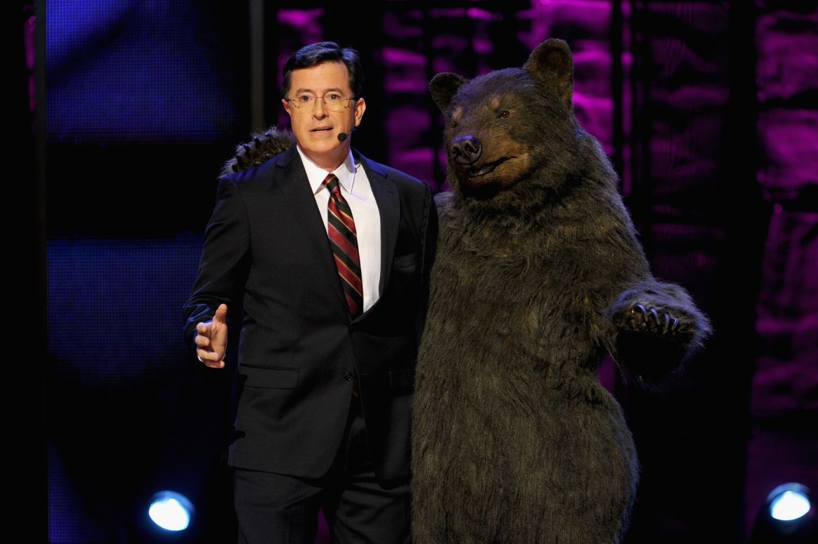 On May 18, Comedy Central host Stephen Colbert will speak at University of Virginia, his wife's alma mater. Here, he performs during a Comedy Central event. No bears are expected to attend the Virginia ceremony.
