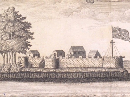 Historical image of the British slave trading post of Bunce Island.