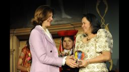 Cecilia Flores-Oebanda is presented with The World's Children's Prize for the Rights of the Child by Sweden's Queen Silvia on April 28, 2011.