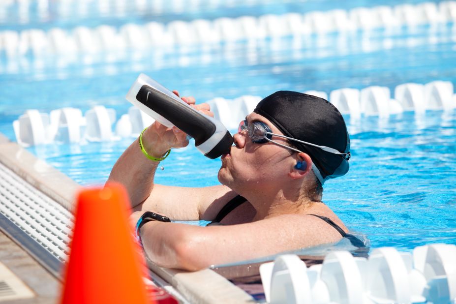 Hydration is key for the Fit Nation athletes. They carry water on them at all times, even while swimming. 