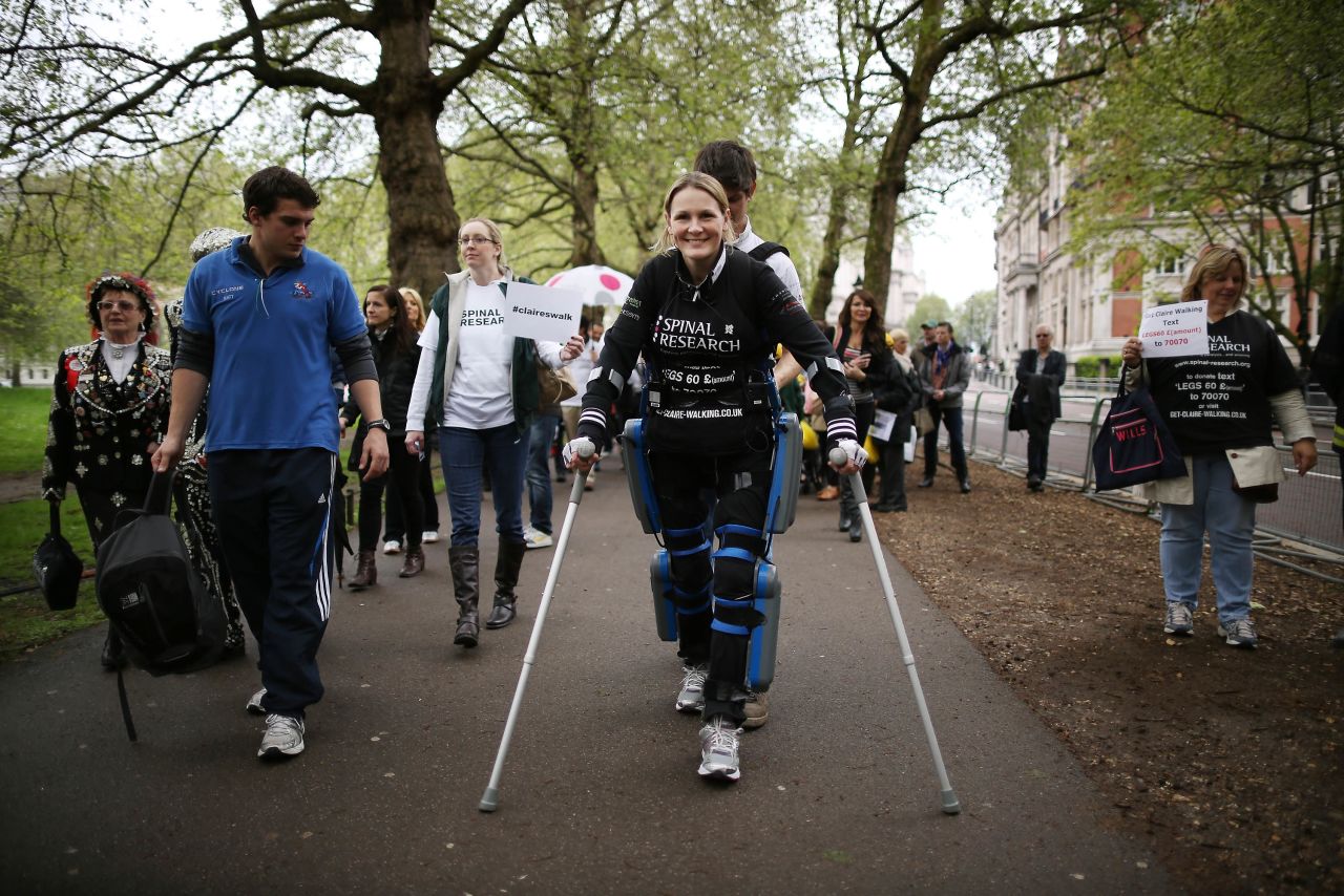 The Argo ReWalk aims to give people suffering from paralysis the power to walk again. It has already propelled Claire Lomas (pictured) to the finish of the London Marathon.