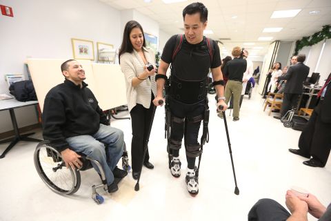 Ekso Bionics is also developing exoskeletons for rehabilitation. Here, Architect Robert Woo takes his first steps since a construction accident paralyzed him from the waist down. 