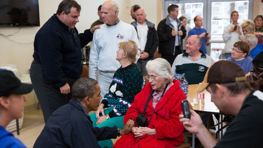 President Barack Obama and Christie talk with local residents affected by Hurricane Sandy at the Brigantine Beach Community Center on October 31, 2012, in Brigantine, New Jersey, in this photo provided by the White House.