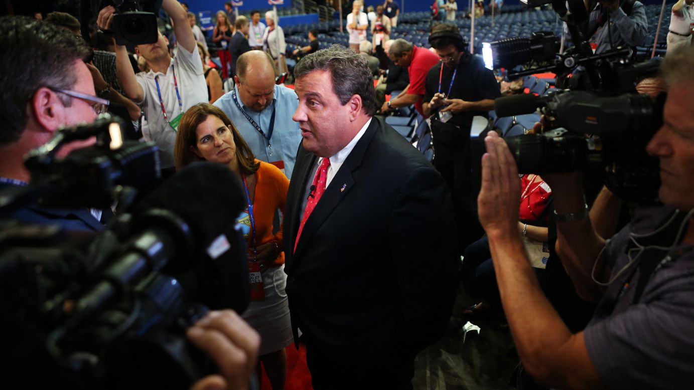 Christie speaks to the media before the start of the abbreviated first day of the Republican National Convention on August 27, 2012, in Tampa, Florida.