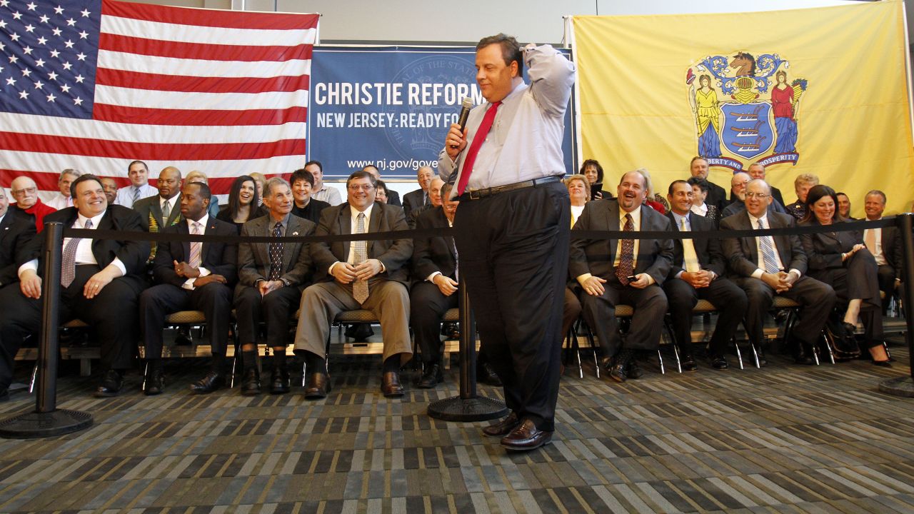 Christie speaks at a town hall meeting in Hammonton, New Jersey, on March 29, 2011.