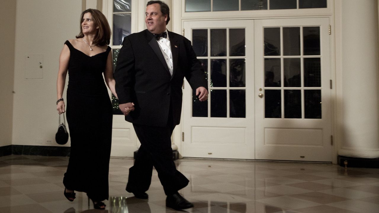 Christie and his wife, Mary Pat Christie, arrive at the White House for a state dinner on January 19, 2011, in Washington.