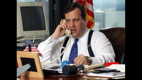 Christie works in his office in Newark on June 16, 2003.