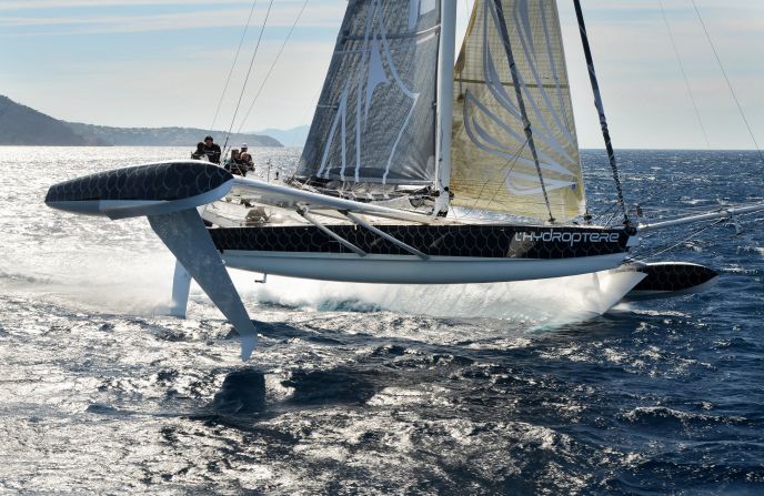 Submerged beneath the wings are foils which lift the boat out of the water, giving it its speed. The streamlined seven and a half ton boat can shoot from 37 kilometers per hour to 83 kilometers per hour in just 10 seconds.