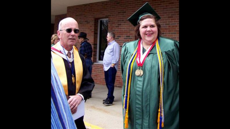 When she graduated college as an nontraditional student, Borawski could barely walk across the stage to accept her diploma. Her doctor had diagnosed her with <a href="index.php?page=&url=http%3A%2F%2Fwww.mayoclinic.com%2Fhealth%2Frheumatoid-arthritis%2FDS00020" target="_blank" target="_blank">rheumatoid arthritis</a>. Her professor and friend Chuck Bowden, seen here, says he worried about how limited her life would be at this weight. 