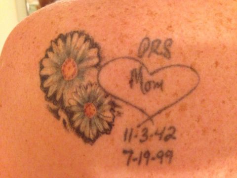 Mary Johnston and her brother have <a href="http://ireport.cnn.com/docs/DOC-968765">matching tattoos</a> in their mother's handwriting. The "Mom" signature and heart were taken from a birthday card. "We both had the tattoo placed on our left shoulder blade because Mom always had our backs," said Johnston. She later added the two daises, "one for mom and one for me. We each carried them in our bridal bouquets."