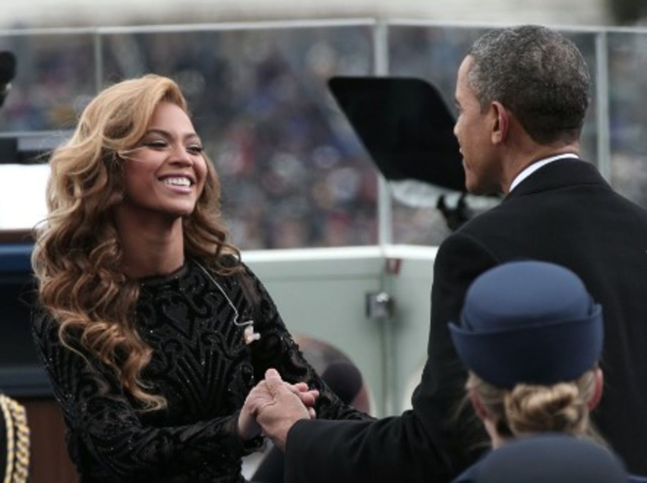 U.S. President Obama greets Beyonce after she sings at the inauguration ceremony in January 2013.