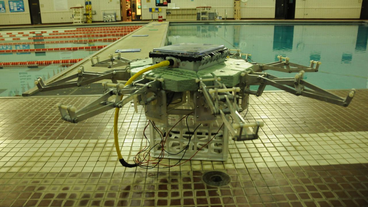 The jellyfish prototype is 5 feet, 7 inches wide and 170 pounds. A silicone "jelly" covering fits over its mechanical parts.
