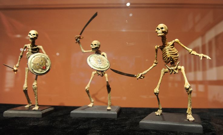 Skeleton soldiers from "Jason and the Argonauts" (1963) are displayed at the opening of "The Fantastical Worlds of Ray Harryhausen" exhibition at the Academy of Motion Picture Arts and Sciences in Beverly Hills, California, on May 13, 2010.
