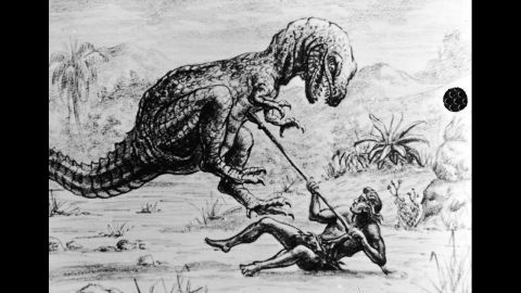 An illustration for an unidentified Harryhausen film shows a caveman lying on the ground with a spear as he is attacked by a dinosaur, circa 1965.