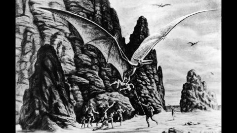An illustration for an unidentified Harryhausen film circa 1965 shows a winged dinosaur dragging away a caveman while group of cavemen attacks with spears.