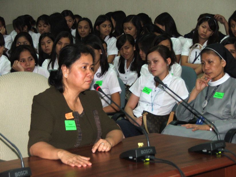 Oebanda speaks before the Philippine Senate during deliberations about the Magna Carta on Domestic Workers in 2002. The legislation was designed to improve conditions for domestic workers in the country.