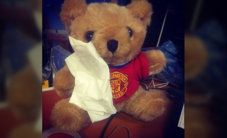 "Teddy is very sad," wrote Instagram user @ejgemmag In Manchester, England, of her toy after hearing news of United manager Alex Ferguson's retirement.