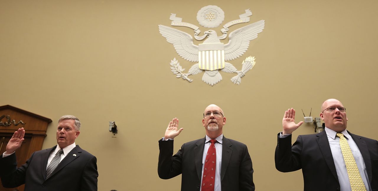 From left, Acting Deputy Assistant Secretary of State for Counterterrorism Mark Thompson; Hicks; and Eric Nordstrom, a diplomatic security officer and former regional security officer in Libya, are sworn in before the hearing. The three are testifying at the hearing investigating into whether the State Department misled the public about the assault.