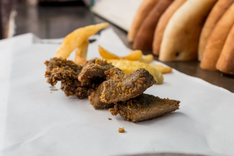 The Moroccan version of a wienerschnitzel: smooth and buttery calves' livers, crumbed and fried. Food in souks is sold by weight. The vendor will chop up your meat and serve it in a sandwich or with a handful of fries. 