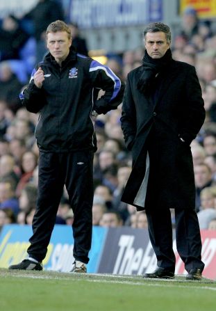 Jose Mourinho, who is now Real Madrid coach, and Moyes look on during the FA Cup fourth round match between Everton and Chelsea at Goodison Park in January 2006 in Liverpool. Both men were potential candidates to replace Ferguson, before Moyes agreed a six-year deal with United.