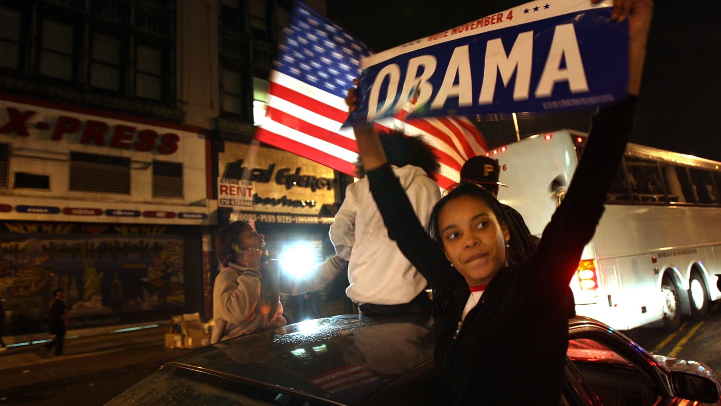 Residents in Harlem celebrate Barack Obama`s first election as president November 4, 2008, in New York City.