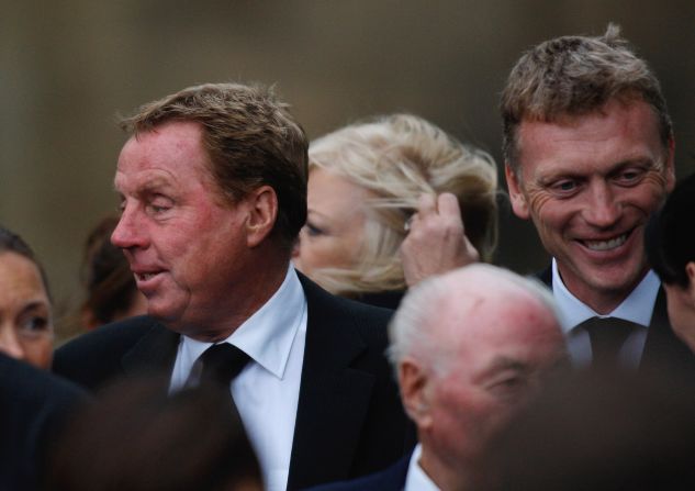 Harry Redknapp -- then Tottenham manager, but now Queens Park Rangers boss -- and Moyes are pictured together after the Sir Bobby Robson Memorial Service at Durham Cathedral in September 2009. Former England manager Robson died aged 76 following a long battle with cancer.