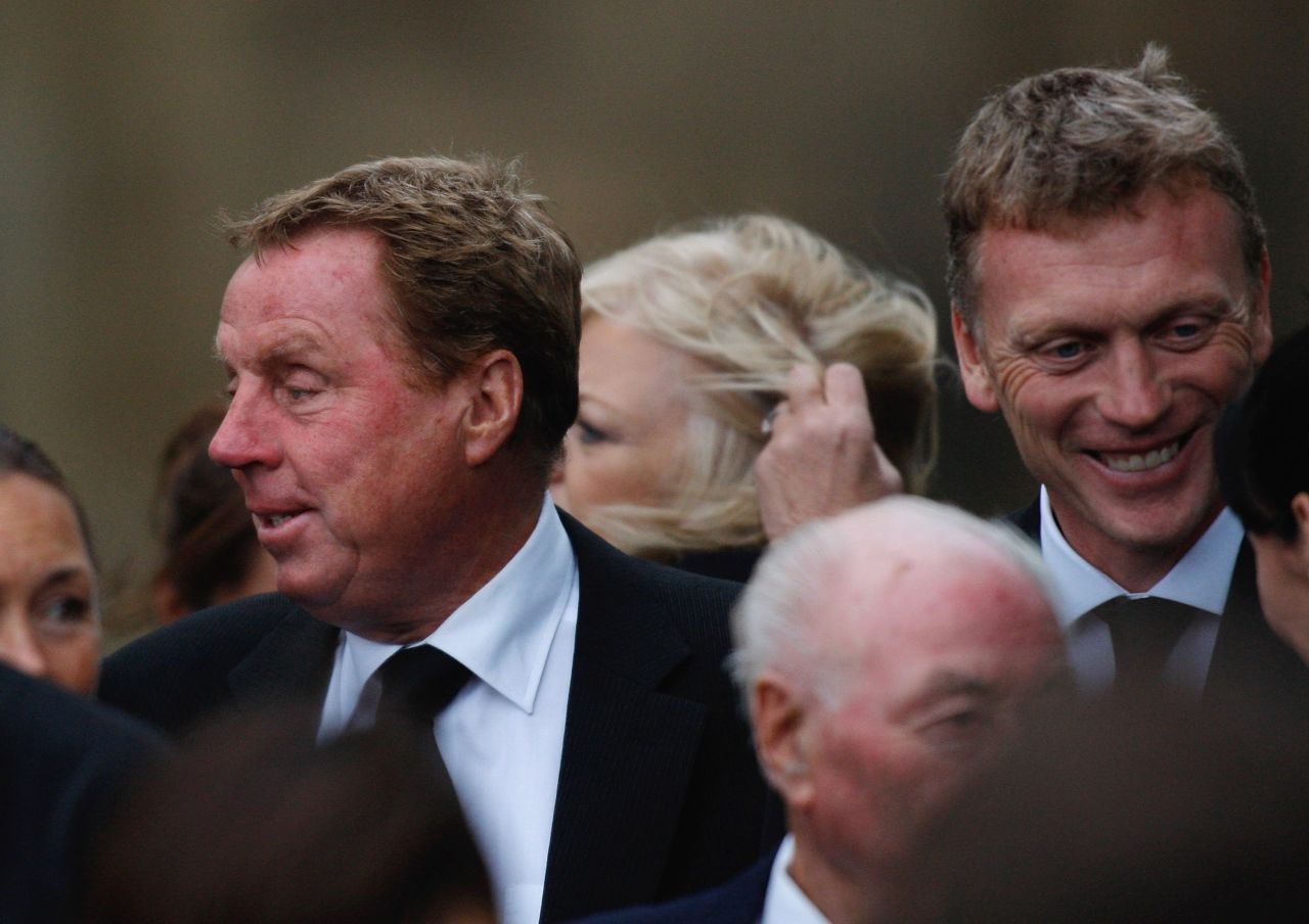 Harry Redknapp -- then Tottenham manager, but now Queens Park Rangers boss -- and Moyes are pictured together after the Sir Bobby Robson Memorial Service at Durham Cathedral in September 2009. Former England manager Robson died aged 76 following a long battle with cancer. 
