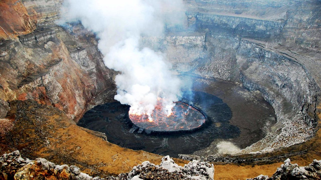 The Virunga National Park is home to the world's largest lava lake, a 250-meter wide cauldron of steam and smoke.