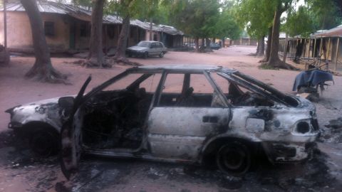 A vehicle burnt by the Islamist group Boko Haram is pictured in the northeastern town of Bama on Tuesday. 