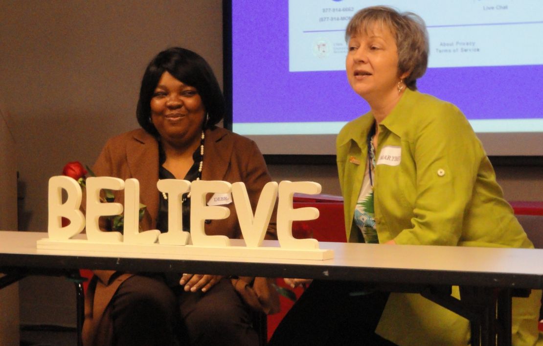 Debra Lee, left, and her peer counselor Mary Beth Walsh are both parents of children with autism. 