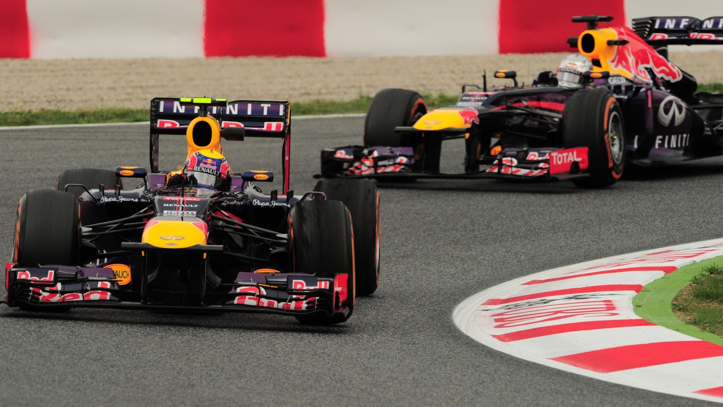 Sebastian Vettel leads teammate Mark Webber during practice sessions for the Spanish Grand Prix in Barcelona.