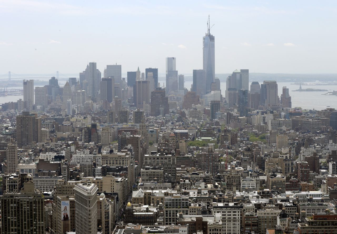 The One World Trade Center with the newly installed spire towers over the New York skyline on May 10.