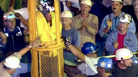 Miner Mark Popernack is rescued from the Quecreek Mine in the early morning of July 28, 2002 in Somerset, Pennsylvania. All nine miners were successfully rescued after being trapped in a flooded mine shaft since July 24, 2002 which was located approximately 240 feet underground. 