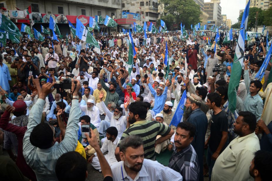 Pakistani supporters of Islamic party Jammat-e-Islami stage a protest in front of a provincial election commission office in Karachi on May 11.