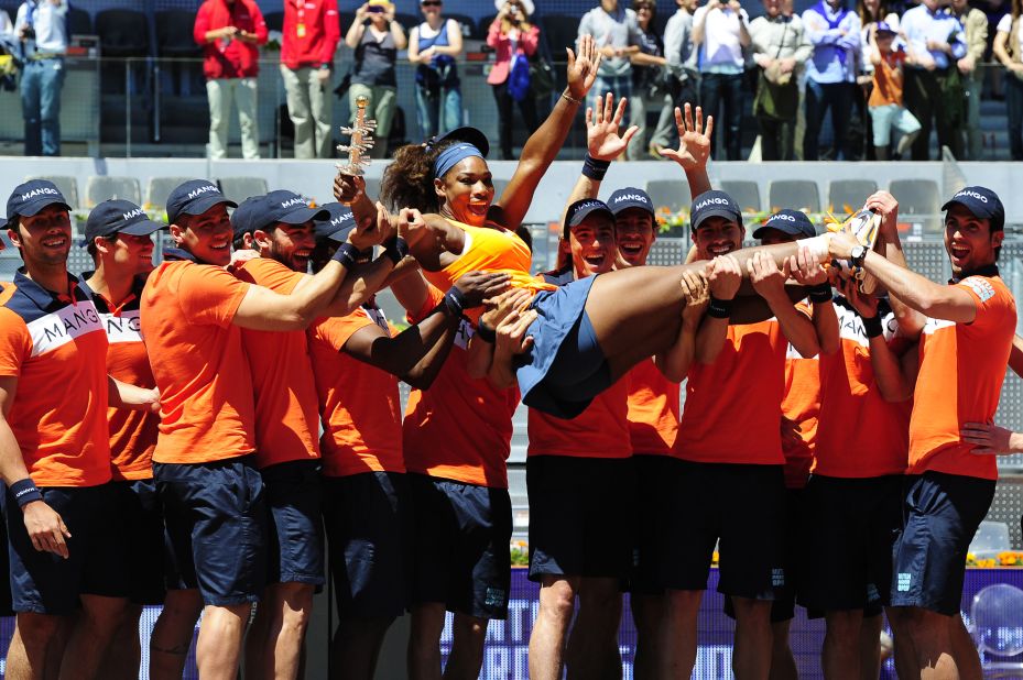 Williams celebrates after winning the Madrid Open final against  Maria Sharapova in 2013.
