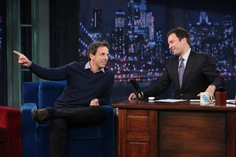 Meyers, left, appears as a guest with Jimmy Fallon on "Late Night With Jimmy Fallon," on October 29, 2012.