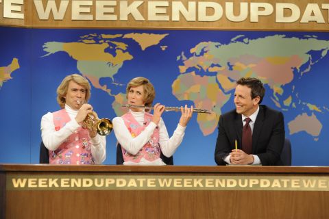 Fred Armisen, from left, Kirsten Wiig and Meyers perform during a skit on "Saturday Night Live" on May 11, 2013.