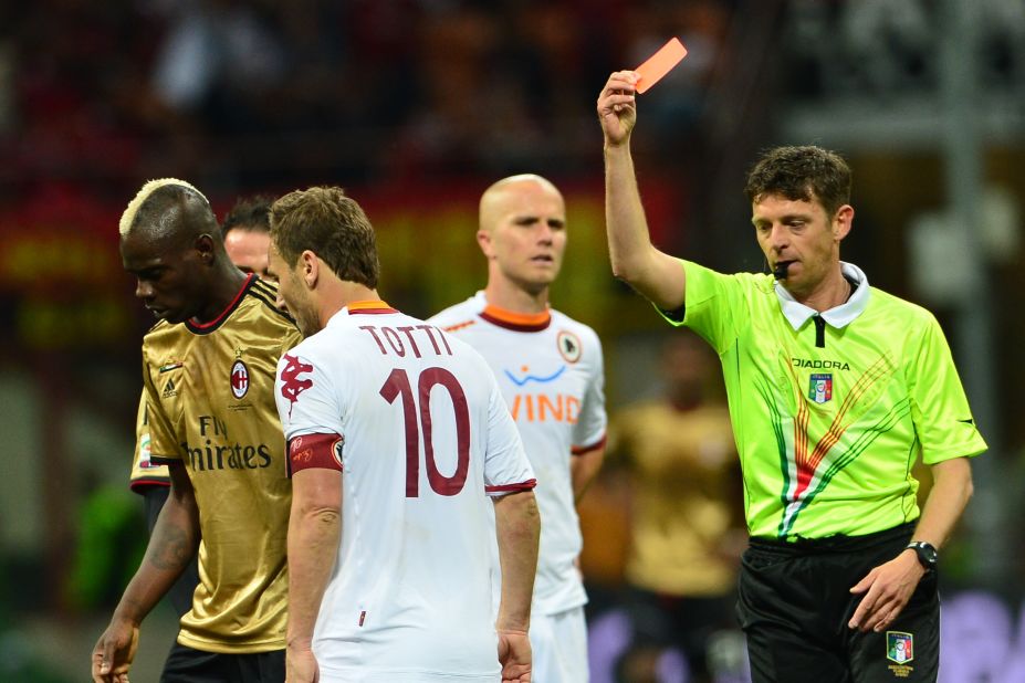 Roma's veteran captain Francesco Totti was also sent off late in the match, which ended 0-0, after lashing out with his elbow at a Milan opponent. 