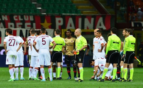 The match was halted in the second half as referee Gianluca Rocchi ordered a public address announcement to warn the visiting supporters to stop their chants.  