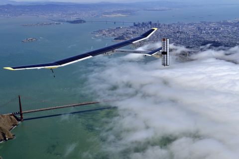 Solar Impulse, a Swiss-made, solar-powered aircraft, soars above San Francisco's Golden Gate Bridge in April. The one-of-a-kind aircraft is on a five-leg voyage across the United States.