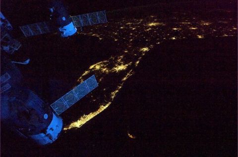A view of the <a href="https://twitter.com/Cmdr_Hadfield/status/333660605984677888" target="_blank" target="_blank">Florida Peninsula</a> at night. "Spaceship's glowing blue in the dawn," wrote Hadfield on May 12, "as we leave Florida headed across the Atlantic."