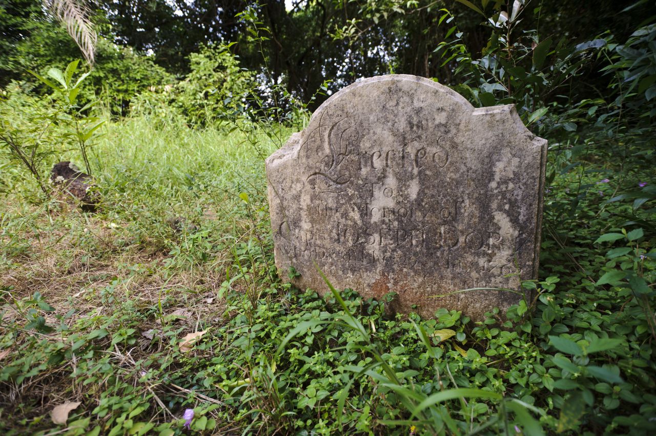 A gravestone of a ship's captain in the island's European graveyard.