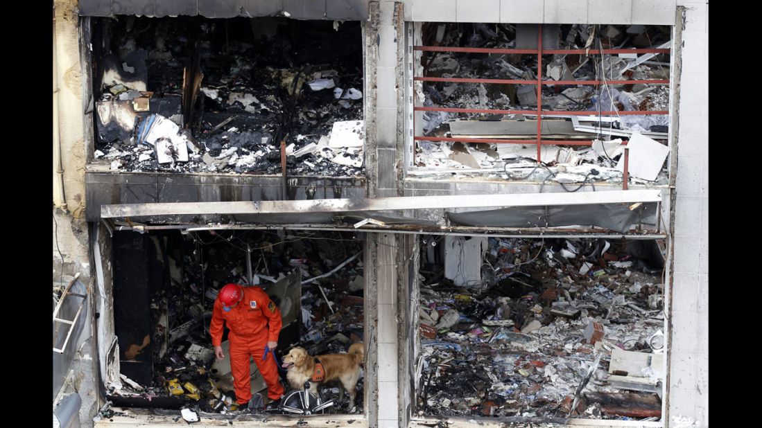 A search and rescue team member and his dog work on one of the bombing sites near Reyhanli's shopping district on May 12.  