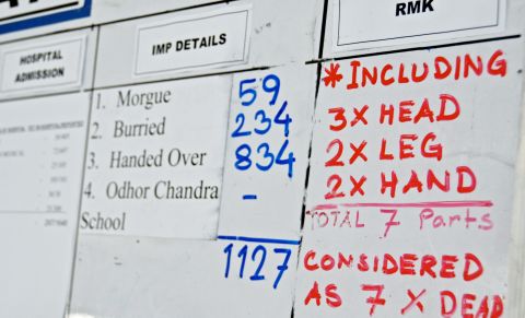 A white board at the recovery command center near the disaster is used to track the death toll on Monday, May 13.