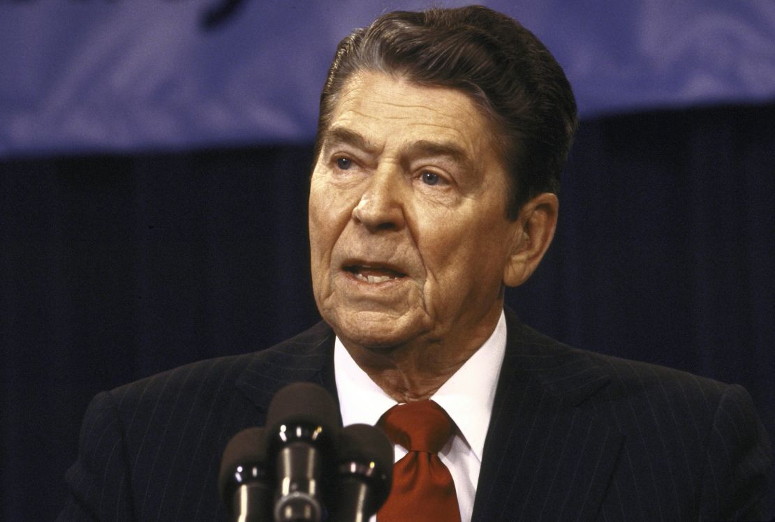 Reagan speaking to the press during Iran-Contra hearings.  