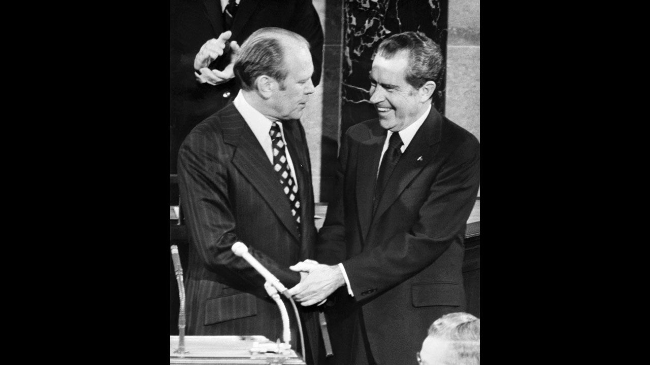 In one of his first acts as president, Gerald Ford granted "a full, free and absolute pardon" to former President Richard Nixon for all crimes he may have committed while president, including his involvement in the Watergate scandal.