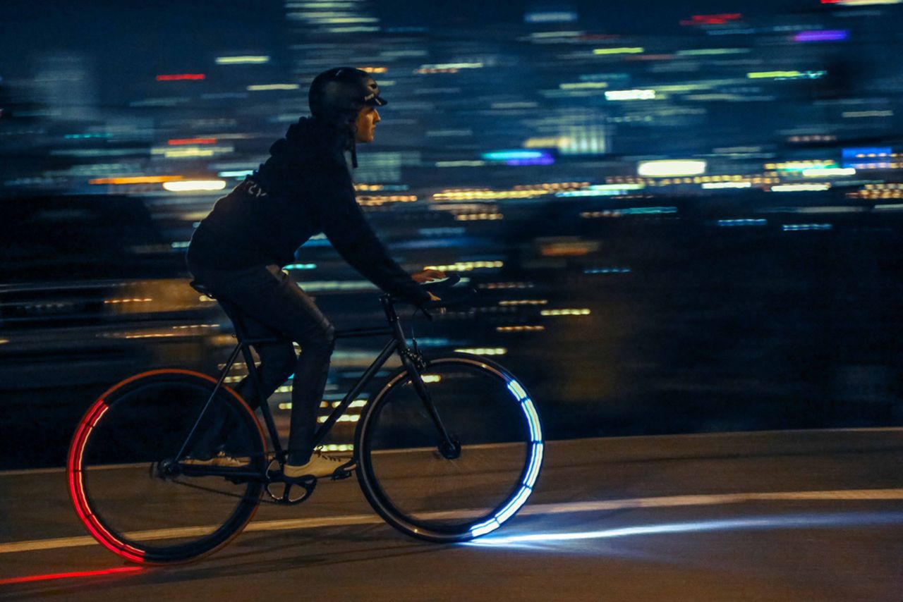 Only the forward facing lights (or backward on the rear wheel) illuminate when the wheel is spinning, creating beautiful arcs of light that make the rider visible from all angles.  