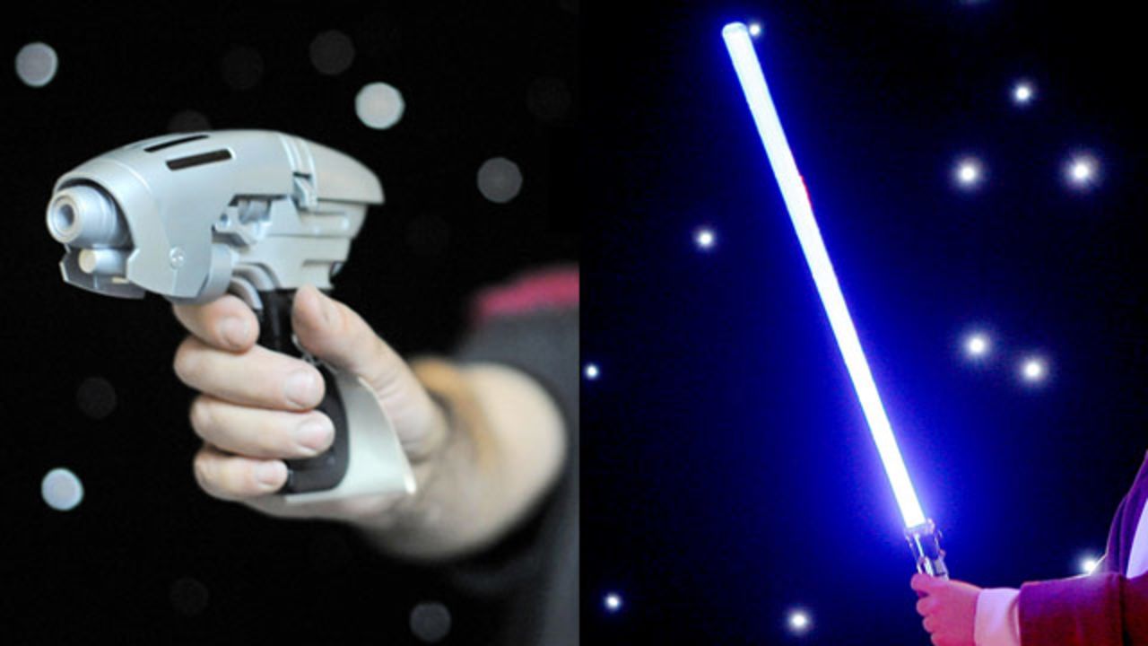 "Trek" characters use various kinds of phasers, cannons, pistols, disruptors and lasers. The classic sword-like light saber dominates "Star Wars," but characters also use blaster-type weapons. Photos: A phaser from the Enterprise NX-01 in "Star Trek: Enterprise" (left) and a light saber in Australia in June 2009.