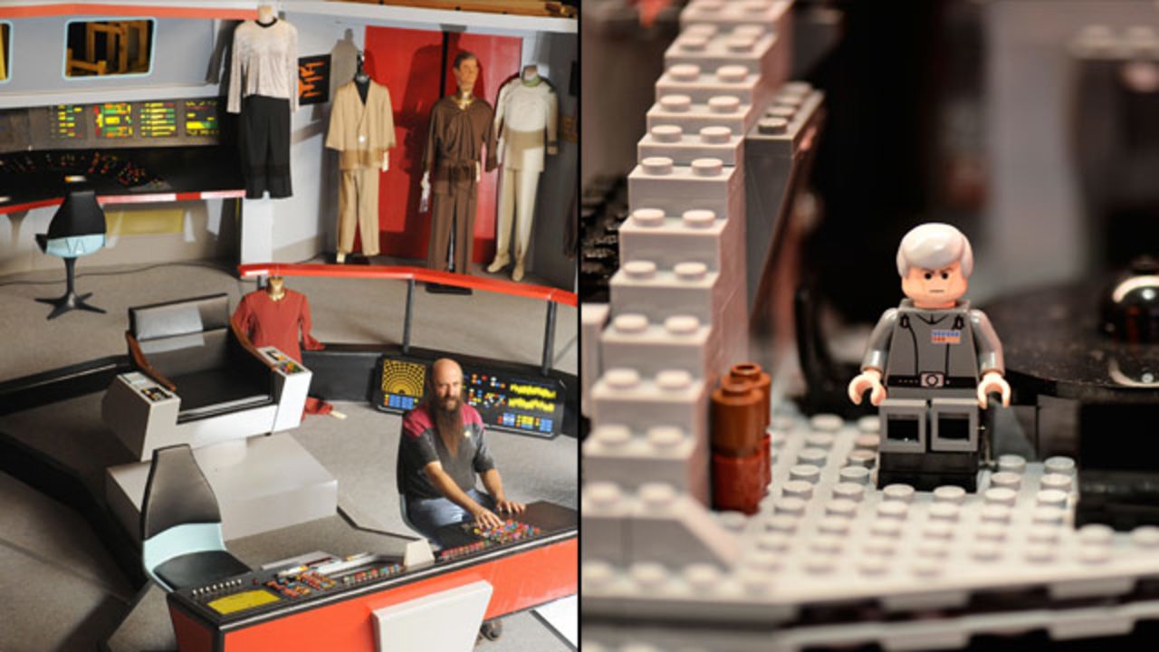 Computers are weaved into life. The "Star Trek" series feature talking computers, food replicators and a transporter to get around. "Star Wars" has hologram communication, advanced binoculars and hovercraft. Photos: Reproduction of the original-series Enterprise bridge (left) and a close-up view of a Lego Star Wars Death Star in London.
