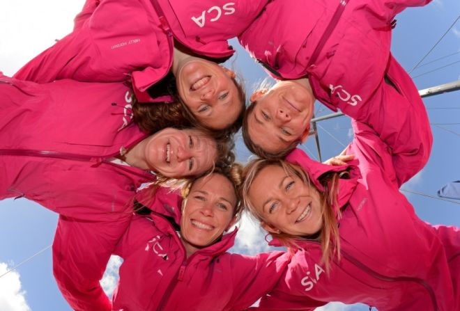 Introducing the first all-female team in over a decade to compete in one of the most grueling sailing races on the planet -- the Volvo Ocean Race. Clockwise from bottom: Carolijn Brouwer of the Netherlands, Annie Lush and Sam Davies of Britain, and Liz Wardley and Sophie Cizcek from Australia. 